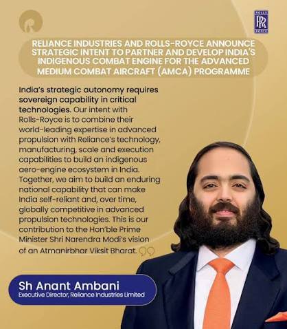 Baitullah694760's tweet photo. #RelianceAMCA27 #AnantDefenceVision27 Anant Ambani propels Reliance into aerospace and defense, partnering with Rolls-Royce to boost indigenous engine production. 🌟✈️ https://t.co/oxCqoswzZO