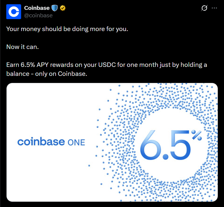 Tom_Degen68's tweet photo. GM everyone, happy Sunday!

Looks like Robinhood making Coinbase sweat.

@RobinhoodApp has been pulling in a solid numbers across both stocks and crypto, partly thanks to the roughly 7% yield it offers on deposits.

@coinbase clearly doesn't want to sit this one out. The yields look like this:

- Robinhood: ~7%
- Coinbase: ~6.5%

The gap is not massive, but it's telling. It wouldn't be surprising if Binance and other major exchanges start pushing similar products soon.

Exchanges are competing with banks and traditional investment apps.