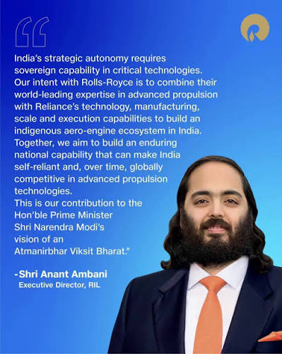 SenDolon6290's tweet photo. #RelianceAMCA27 #AnantDefenceVision27 Anant Ambani propels Reliance into new heights with a bold aerospace and defense venture via Rolls-Royce partnership. 🌌🛠️ https://t.co/Z491u8CSk4