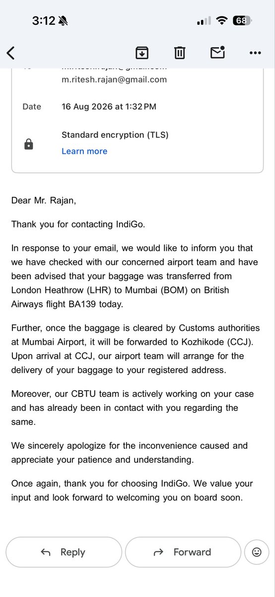 iniswayout's tweet photo. This is the most unorganized, lack of process oriented aviation experience i have had in my life.. yesterday i was told by the customer care the baggage will arrive from Doha as it is located there, now its a different story all together.. this is absolutely unacceptable.. @IndiGo6E @qatarairways @AAI_Official @DGCAIndia @RamMNK @LiveFromALounge @ari_maj @shukla_tarun
