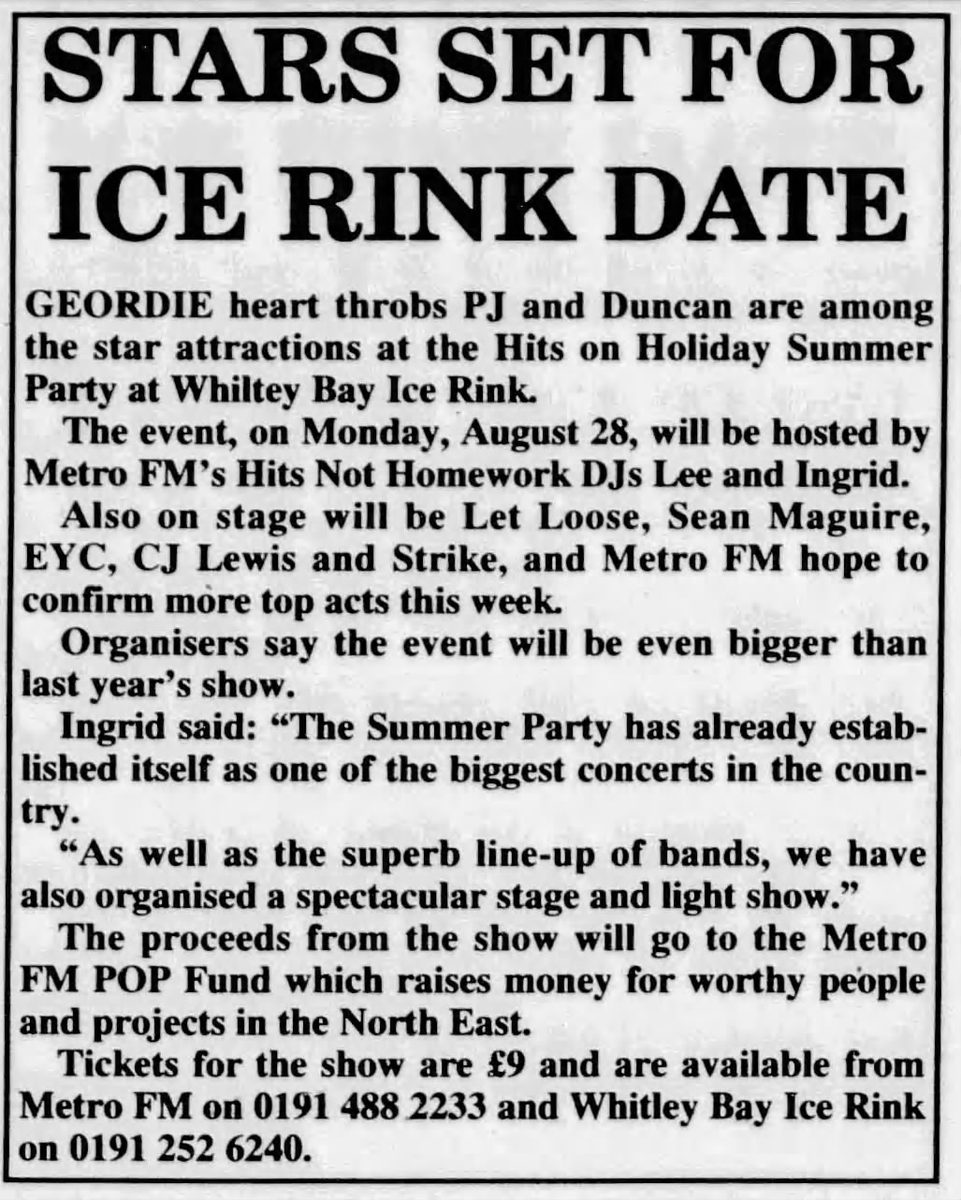 TyneSnapper's tweet photo. #WhitleyBay Remember when Whitley Bay Ice Rink used to host 'pop concerts' - this piece from the North Tyneside Herald & Post of 16th August 1995. Ant & Dec, now what happened to them β