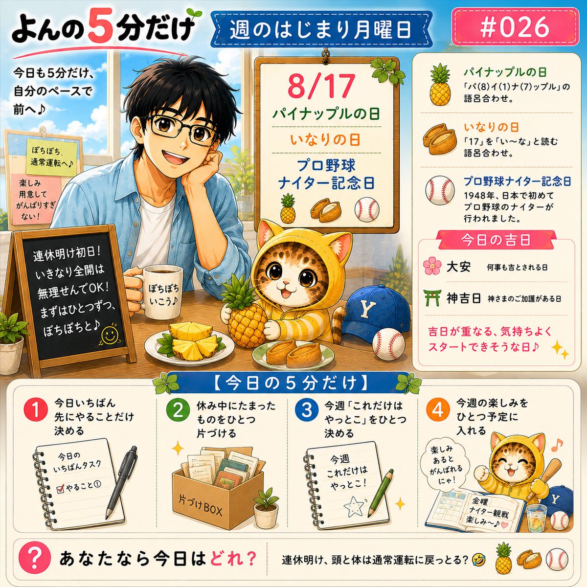 youngfuku416's tweet photo. 8/17 連休明け初日、週のはじまり月曜日
朝からシャキーン！･･･とは
なかなかいかんよね（笑）

まだ頭の中はお盆休み中かもしれん😆

いきなり100％に戻そうとせず
今日はぼちぼち通常運転へ♪

「パイナップルの日」🍍
「いなりの日」
「プロ野球ナイター記念日」⚾
仕事終わりに
ナイター見ながら一杯♪

そんな楽しみを用意しとくのも
連休明けを乗り切るコツかもね😊

大安・神吉日、吉日が重なる
気持ちよくスタートできそうな日♪

休み明けだからこそ
最初から飛ばしすぎず
まずはひとつずつ
いつものペースを取り戻していこう

【今日の5分だけ】
① 今日いちばん先にやることだけ決める
② 休み中にたまったものをひとつ片づける
③ 今週「これだけはやっとこ」を決める
④ 今週の楽しみをひとつ予定に入れる

今日はエンジン全開じゃなくていい
アイドリングくらいからでOK牧場🤣

今日も5分だけ前へ♪

あなたなら今日はどれ？
連休明け、頭と体は通常運転に戻っとる？