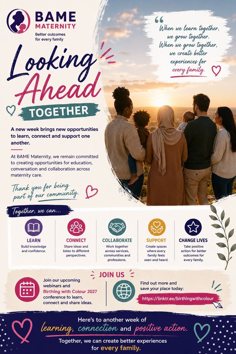 BAMEMaternity's tweet photo. 🌅 Looking ahead together.
A new week brings new opportunities to learn, connect and support one another.
Thank you for being part of our community. 💜
Webinars &amp; conference:
🔗 https://t.co/aJ1gc7RYDC⁠
#BAMEMaternity #BirthingWithColour https://t.co/pFLak3gDpB