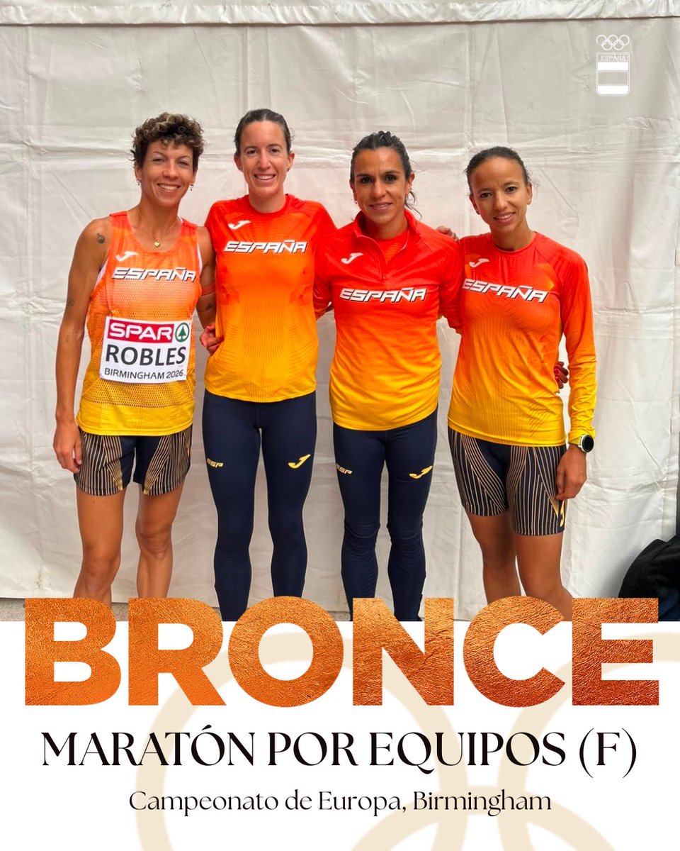 COE_es's tweet photo. 🥉𝐁𝐑𝐎𝐍𝐂𝐄 𝐄𝐍 𝐁𝐈𝐑𝐌𝐈𝐍𝐆𝐇𝐀𝐌🥉

🤩Estas Cuatro Superestrellas consiguen el tercer puesto en la prueba por equipos y se cuelgan la séptima medalla para España en este Europeo

🥹Qué orgullo, @atletismoRFEA https://t.co/ErClOBfTr4