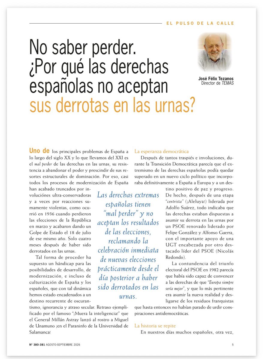 manolopezzi's tweet photo. José Félix Tezanos, Director de TEMAS, pone texto a lo que un gran sector de la ciudadanía española piensa: “Por eso, precisamente, muchos de los que estamos comprometidos con el proyecto que
está liderando Pedro Sánchez
últimamente escuchamos en la calle, entre nuestros vecinos, entre los compañeros/as de trabajo y en muchas personas de
buena fe mensajes bastante claros: “no os rindáis, no paréis, no deis marcha
atrás, no os dejéis llevar por el miedo y el pesimismo, somos muchos los que estamos con vosotros. ¡Otra vez no!, no más españoles de rodillas,
ni encarcelados, no más esperanzas truncadas,
no más mujeres maltratadas, no más jóvenes sin
futuro… ¡Hay que continuar hacia adelante!”. https://t.co/9ve0wypzJC