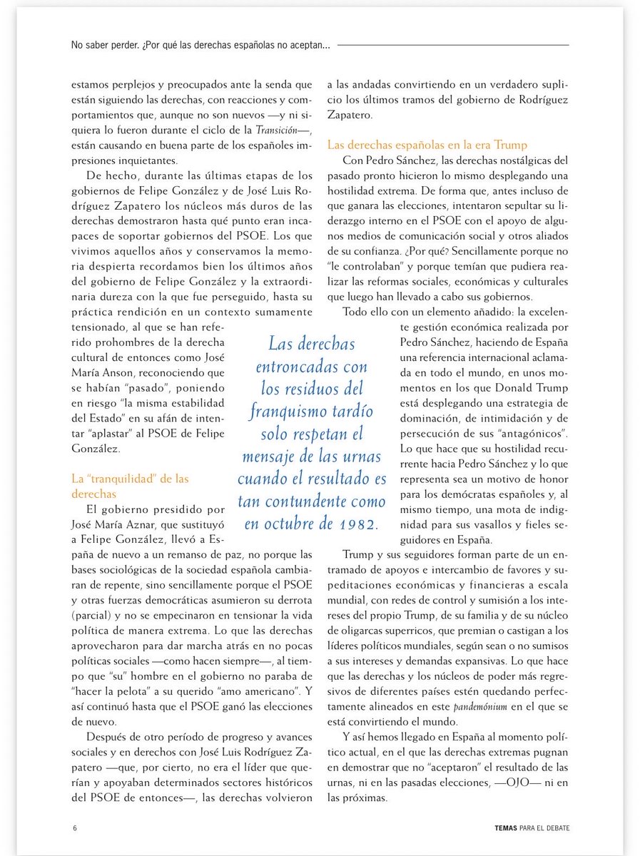 manolopezzi's tweet photo. José Félix Tezanos, Director de TEMAS, pone texto a lo que un gran sector de la ciudadanía española piensa: “Por eso, precisamente, muchos de los que estamos comprometidos con el proyecto que
está liderando Pedro Sánchez
últimamente escuchamos en la calle, entre nuestros vecinos, entre los compañeros/as de trabajo y en muchas personas de
buena fe mensajes bastante claros: “no os rindáis, no paréis, no deis marcha
atrás, no os dejéis llevar por el miedo y el pesimismo, somos muchos los que estamos con vosotros. ¡Otra vez no!, no más españoles de rodillas,
ni encarcelados, no más esperanzas truncadas,
no más mujeres maltratadas, no más jóvenes sin
futuro… ¡Hay que continuar hacia adelante!”. https://t.co/9ve0wypzJC
