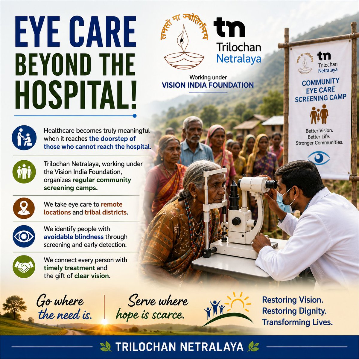 trilochaneye's tweet photo. Eye Care Beyond the Hospital!
Healthcare becomes truly meaningful when it reaches those who cannot reach the hospital.
Working under #VisionIndiaFoundation, Trilochan Netralaya takes community eye care to remote and tribal areas through screening camps - identifying avoidable vision loss and connecting people with timely treatment.
Because every village deserves access to sight, dignity and hope.
Go where the need is. Serve where hope is scarce. Restore vision. Transform lives.