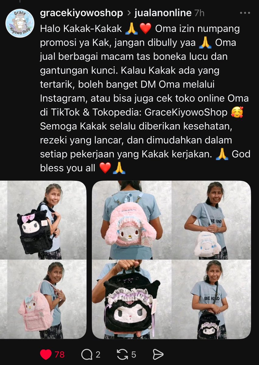 sharingwithlily's tweet photo. 2 hari kemaren gw nangisini Oma karena awalnya di thread tiap promosiin dagangannya selalu di awali dengan kalimat “oma izin numpang promosi ya Kak, jangan dibully ya🙏🏻” terus cek toktoknya banyak yang nge-bully.😔💔

kayak boleh stop ga sih jadi jahat ke orang? ekonomi lagi susah, semua lagi sama-sama bertahan buat makan - as long kerjaannya halal ya udah, lagian ni yang ngebully juga belom tentu beli dagangan Oma kan? beliau juga dagang niat nge foto produknya di upload di thread dan lainnya🥹❤️

please be kind ya all, kalo gabisa jadi orang baik jangan jadi jahat juga.