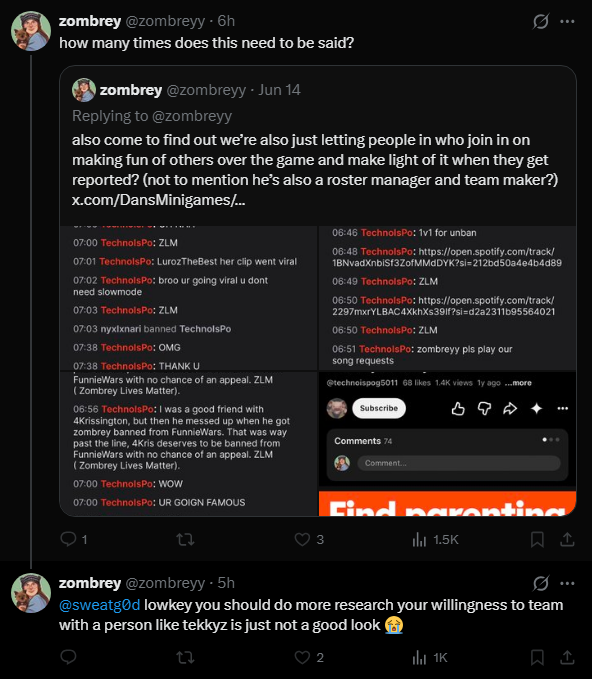 Tekkyz__'s tweet photo. Top Tier Gaslighting

If you haven't seen this already Zombreyy has BEEN tryna take me down multiple times. https://t.co/MuYqsf6uQa