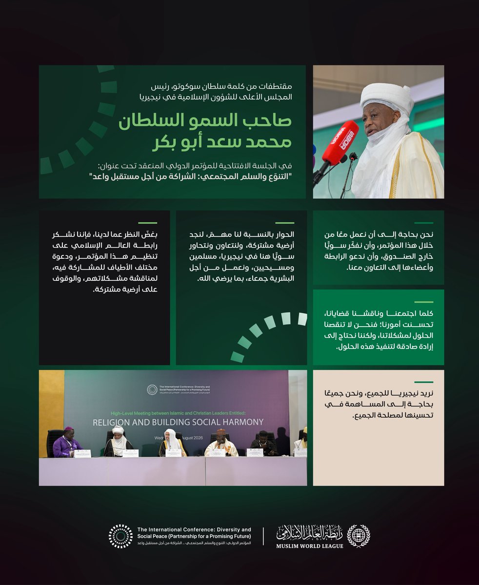 MWLOrg's tweet photo. مقتطفاتٌ من كلمة سلطان سوكوتو، رئيس المجلس الأعلى للشؤون الإسلامية في نيجيريا، خلالَ انطلاق مبادرةِ الرابطة للسِّلم المجتمعيّ في غرب أفريقيا: https://t.co/AWAWCBhp6y