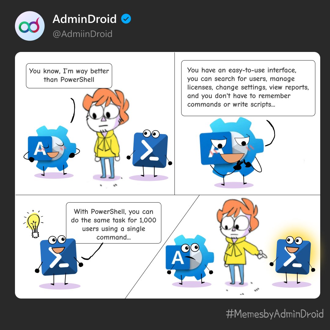 AdmiinDroid's tweet photo. There’s a point where clicking through the #Microsoft365 portal for the same task gets a little tiring.
That’s usually when PowerShell helps.
And if writing the script is the part holding you back, these might save you some time:
https://t.co/iyTSkyYcen
#AdminDroid #PowerShell https://t.co/s6dO42s0aD