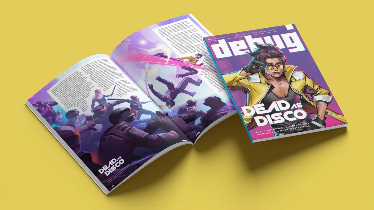 Promotional photograph of Debug #16: The Voice of Independent Gaming, featuring artwork from video game Dead as Disco