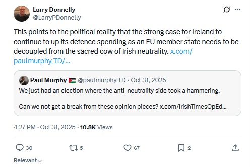nwl88444048's tweet photo. RTE continues to abuse its flagship weekend current affairs show to foreground characters who are either pro-militarisation, anti-neutrality, anti-Triple Lock or pro-Nato, or a combination or all of the above. 

This is what its record over the past nine months looks like.  Ditching the Triple Lock is Micheal Martin, and consequently this Government's main policy ambition. 

Bankrupt basketcase RTE is 100% dependant on Government funding with taxpayer money, and otherwise wouldn't be able to pay Brendan O'Connor €239,988 for 4 hours on-air a week for 40 weeks a year.

The Brendan O'Connor Sunday show on RTE Radio 1 now has an audience of 309,000 down 10,000 in the quarter.