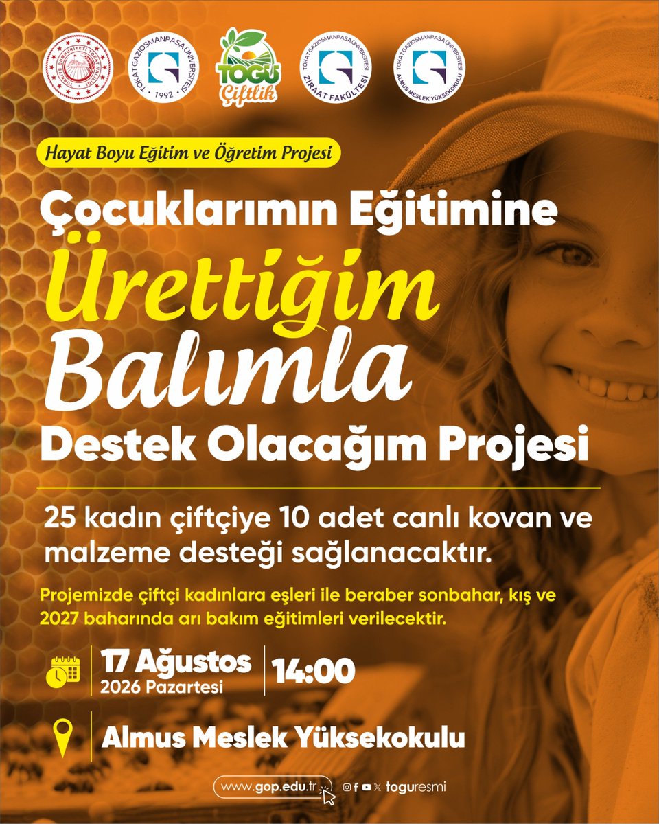 toguresmi's tweet photo. 🐝 "Çocuklarımın Eğitimine Ürettiğim Balımla Destek Olacağım"

​Hayat Boyu Eğitim ve Öğretim Projesi kapsamında; kadın üreticilerimizi destekliyor, eğitime ve üretime güç katıyoruz.

​Proje kapsamında 25 kadın çiftçimize 10 adet canlı kovan ve malzeme desteği sağlanacak; kadın çiftçilerimize eşleriyle birlikte sonbahar, kış ve 2027 bahar dönemlerinde kapsamlı arı bakım eğitimleri verilecektir.

​🗓 17 Ağustos 2026, Pazartesi
⏰ 14.00
📍  Almus Meslek Yüksekokulu

#gaziosmanpaşaüniversitesi
