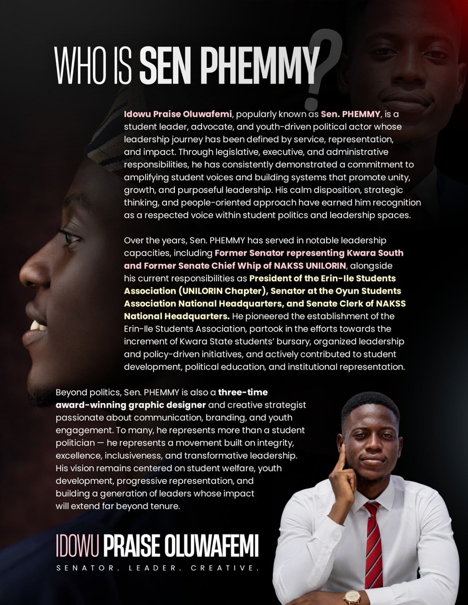 Femart_Designs_'s tweet photo. ๐ฅ๐ฅWHO IS SEN PHEMMY?
First it was ordinary, now it is impact! ๐ฅ
IDOWU PRAISE OLUWAFEMI popularly addressed as SEN PHEMMY is an embodiment of service, grit, and grace! โค๏ธโค๏ธ
#PurposefulService #KWST #NAKSSNHQ #UNILORIN https://t.co/ktaFexNRoY