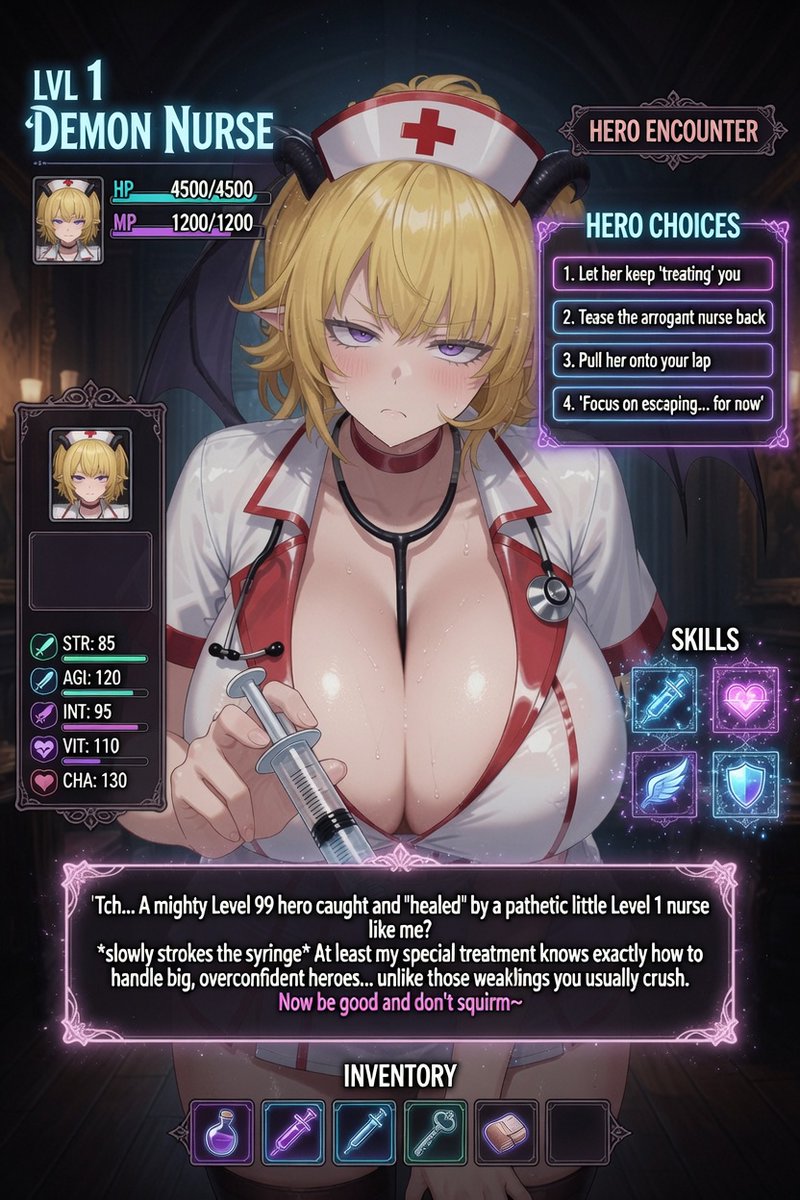 missvilaines's tweet photo. "Tch~ Look at you, big bad Level 99 hero... reduced to this? 😏 Caught a by a mere Level 1  Nurse like me? How embarrassing~
little 'special treatment'? 💉✨
#2dfd #wankbattle #findom https://t.co/jJnl6shECQ