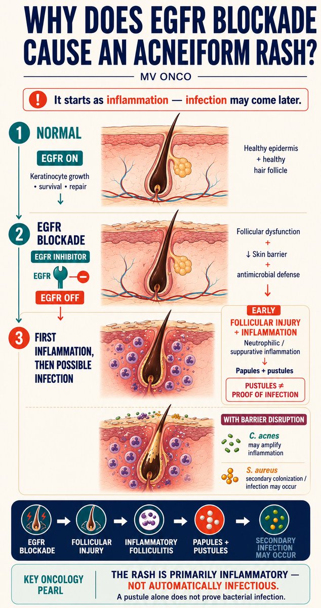 ChandrakanthMv's tweet photo. Why does EGFR blockade cause an acneiform rash?

EGFR is not just a tumor target—it is important for normal epidermal and follicular homeostasis.

EGFR blockade → follicular injury + barrier impairment → inflammatory folliculitis → papules & pustules.

💡 Key pearl: A pustule ≠ proof of infection.

The rash is primarily inflammatory. With barrier disruption, microbial contribution may increase, and secondary colonization/infection can occur later.

Inflammation first. Infection is not automatic.

📚 Refs: Lacouture ME. Nat Rev Cancer. 2006;6:803–812.
Eilers RE Jr, et al. JNCI. 2010;102:47–53.

#MVOnco #Oncology #MedicalOncology #EGFR #NSCLC #LungCancer