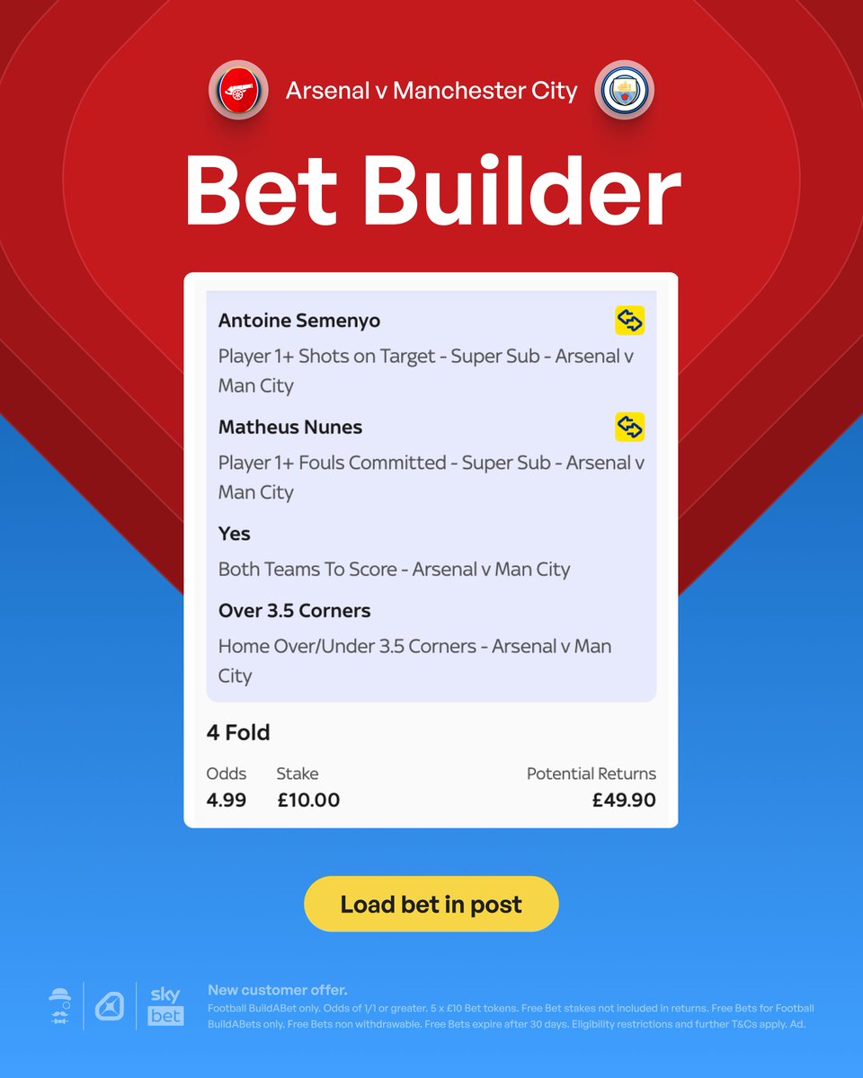 AndyRobsonTips's tweet photo. 🏆 Community Shield Bet Builder

Load bet: https://t.co/gOT9KvUam7

Claim offer: https://t.co/ShYqmDGU8w

New follower? Join Sky Bet with the link above to unlock £50 in Free Bets.

Research in replies. ✏️

Let me know if you're on.

18+, T&amp;Cs Apply. Ad. https://t.co/x4ZXYFf57y