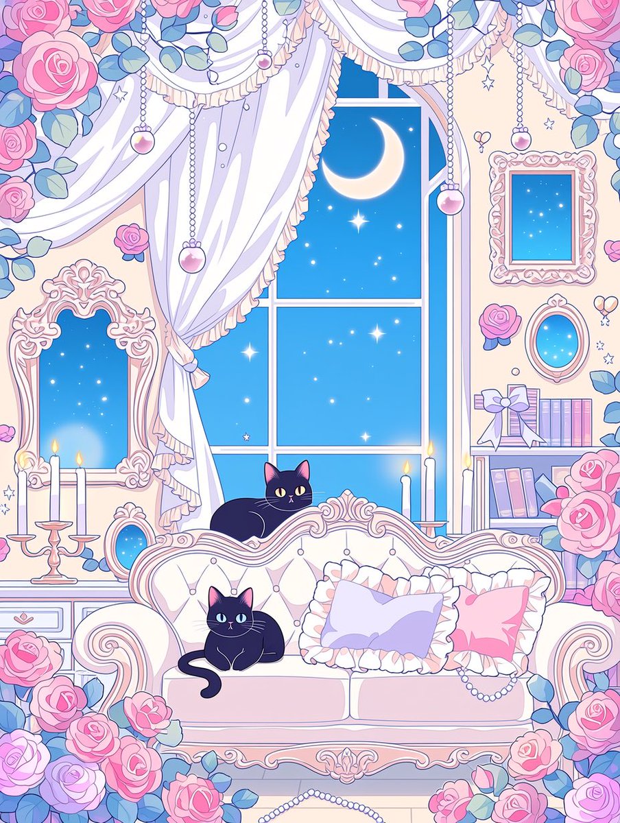 amari_AI_art's tweet photo. ( ϶’ᗜ’)϶＜黒猫と月夜のお部屋🌙🐈‍⬛

大きな窓の向こうには
月と星が浮かぶ夜空🌙✨
薔薇とアンティーク家具に囲まれた背景です🌹

🆗加工、商用利用
🆖はプロフの固定にあり
#あまりのフリー素材 https://t.co/FuSl7RJKhi