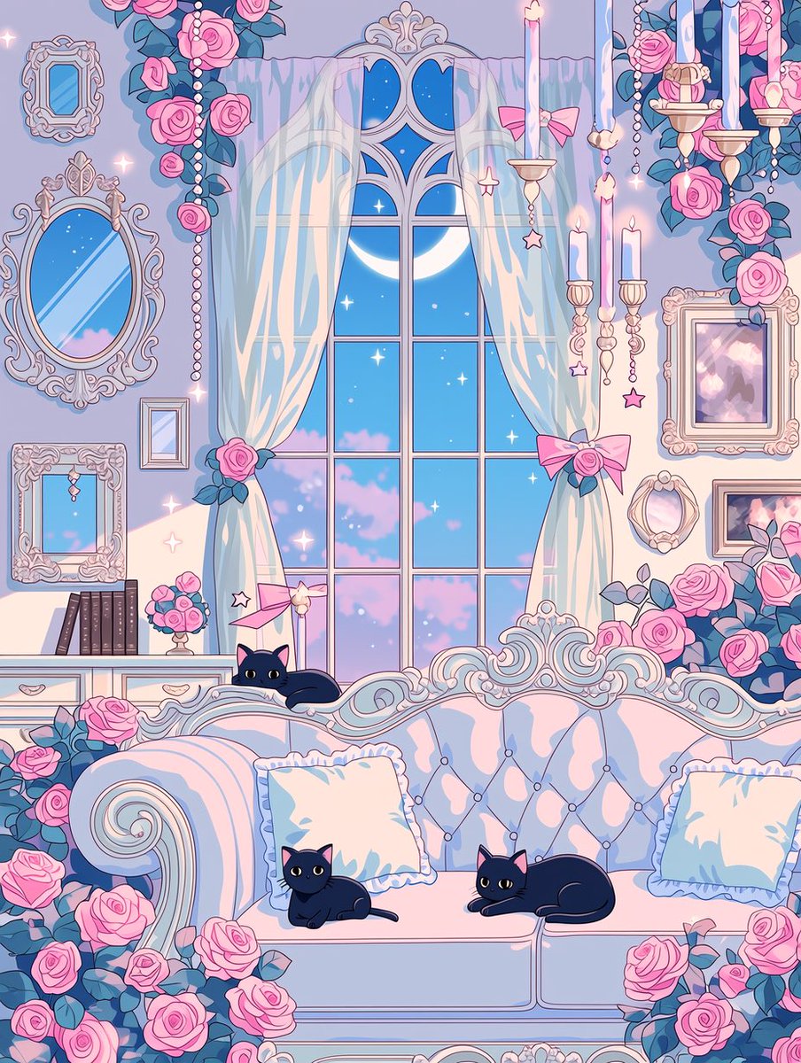 amari_AI_art's tweet photo. ( ϶’ᗜ’)϶＜黒猫と月夜のお部屋🌙🐈‍⬛

大きな窓の向こうには
月と星が浮かぶ夜空🌙✨
薔薇とアンティーク家具に囲まれた背景です🌹

🆗加工、商用利用
🆖はプロフの固定にあり
#あまりのフリー素材 https://t.co/FuSl7RJKhi