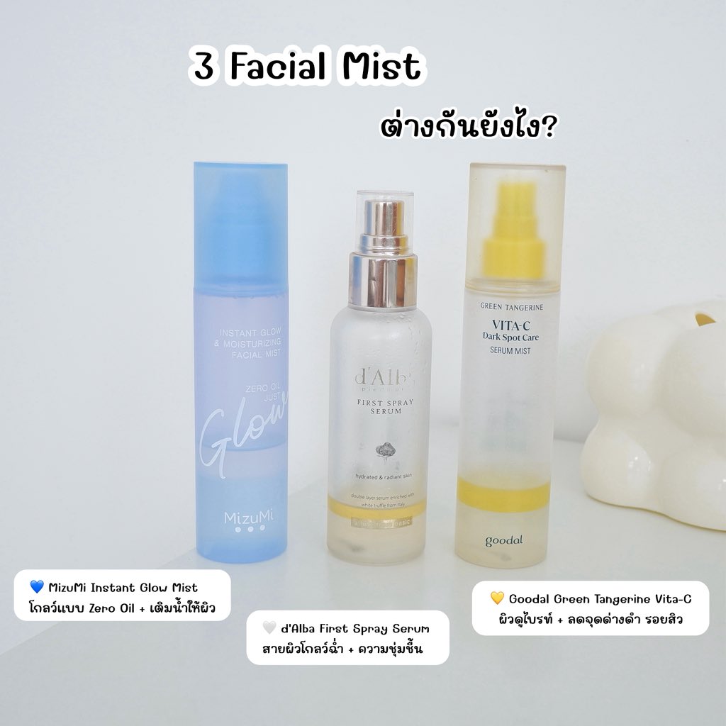 bhatranits's tweet photo. 3 Facial Mist ที่หยิบใช้สลับกัน MizuMi / d’Alba / Goodal ต่างกันยังไง?

ทั้ง 3 ตัวเป็น Facial Mist เหมือนกัน แต่ให้ฟีลผิวและจุดเด่นต่างกันเลย อยากโกลว์แบบไม่มัน / อยากฉ่ำวาว / อยากเน้นผิวกระจ่างใส แต่ละแบบเลือกตัวไหนดี? เผื่อใครกำลังเลือกมิสต์อยู่ https://t.co/8myr7PzX2y