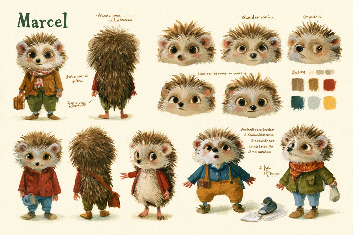 azed_ai's tweet photo. Prompt share: Character sheet

💬 Prompt:
Children’s picture book character sheet of an anthropomorphic [character] named “[name]”, French picture book style, watercolor, colored pencil, light cream background, full-body portrait, front, side, back views, five facial expressions, four action poses, French labels, color palette, clothing, accessories, expressive character design, hand-painted look --ar 3:2 --v 8.2

Try it and share yours ✨