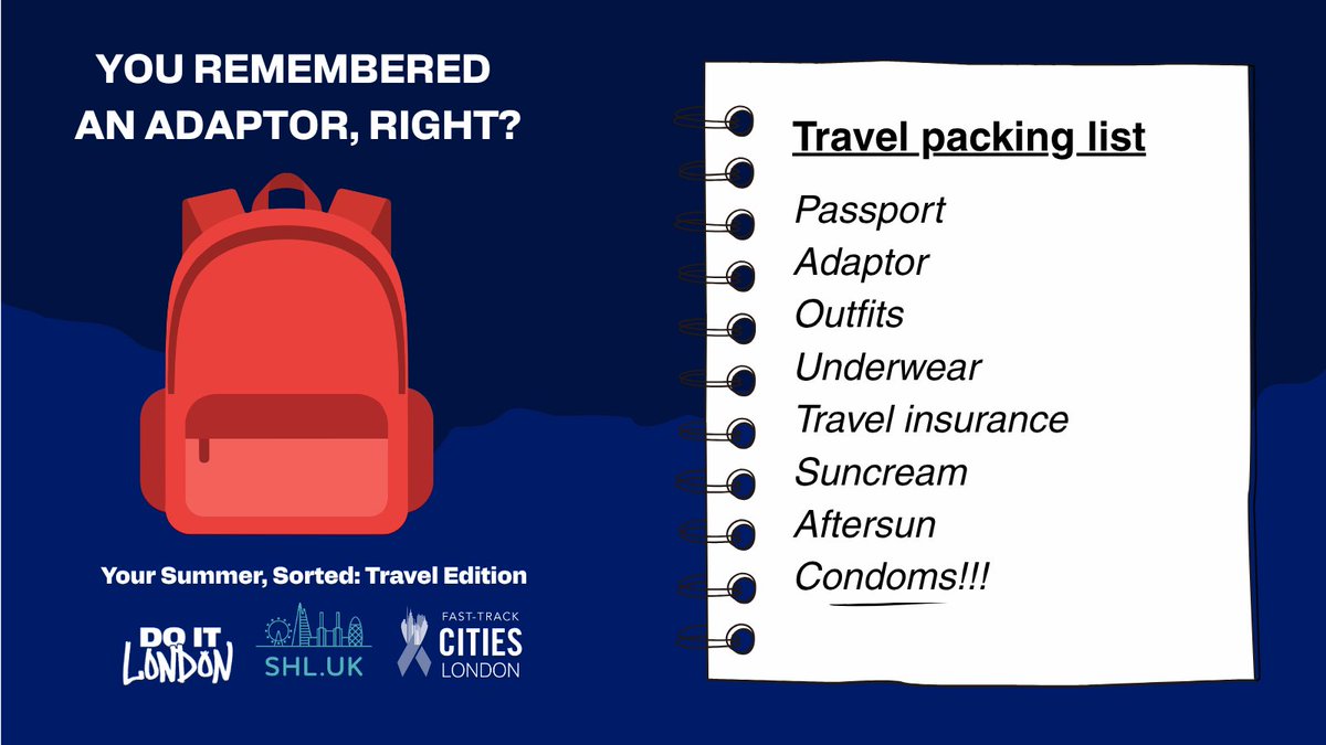 LambethTogether's tweet photo. Summer plans loading… ✈️☀️

Before you head off, do a quick bag check - future you will be grateful.

Pack smart. Travel happy. Make memories worth remembering. 💛

#SummerTravel #HolidayCheck #SexualHealth https://t.co/T1mK7ous1S