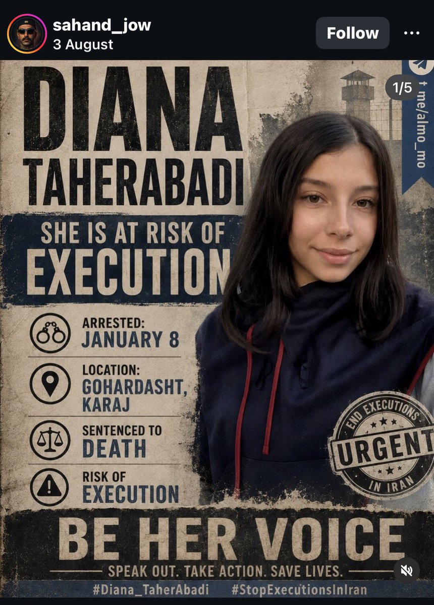 DParsaDPG's tweet photo. #دیانا_طاهرآبادی 
#diana_taherabadi 
#نه_به‌_اعدام 
#stop_executions_in_iran 
#اعدام_نکنید 
#FreeIran‌ 
#IranRevelution2026 
#IranMassacre‌ 
#زندانیان_سیاسی 
#FreePoliticalprisionersinIran 
#زندانی_سیاسی_آزاد_باید_گردد 
#free_political_prisoners_in_iran https://t.co/ln8WysxwfQ
