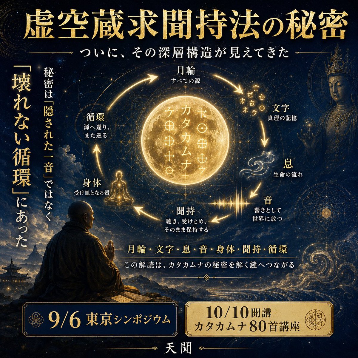 tenmon44's tweet photo. 空海は、星を飲み込んでいない。
「真言を百万回唱えると、明星が口に飛び込んだ」——誰もが知るこの伝承。密教僧として原典（大正蔵No.1145）を読み直したら、記述は逆だった。
「復從口出」——光る文字は、口から出ていく。
1200年、方向が逆のまま語られてきた。 https://t.co/1aAFOiIHzd