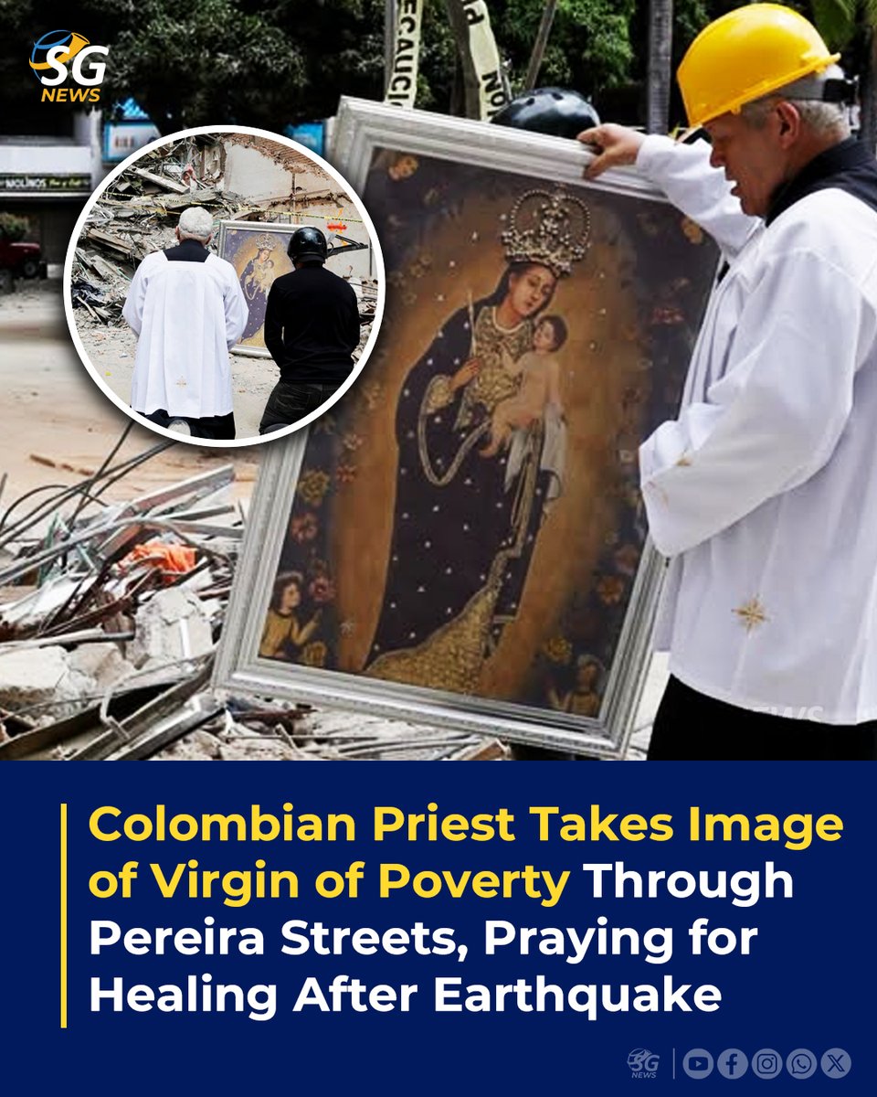 SGNews123's tweet photo. A priest in Pereira, Colombia, walked through the city carrying a painting of the Virgin of Poverty, its patron saint, while praying for the city’s recovery after the 7.4-magnitude earthquake that struck the country on August 10. The prayerful gesture offered a visible sign of faith, hope and Marian devotion as the community continues to face the aftermath of the disaster.

Source: Diocese of Pereira

#Colombia #Pereira #VirginOfPoverty #PrayForColombia #CatholicFaith #MarianDevotion