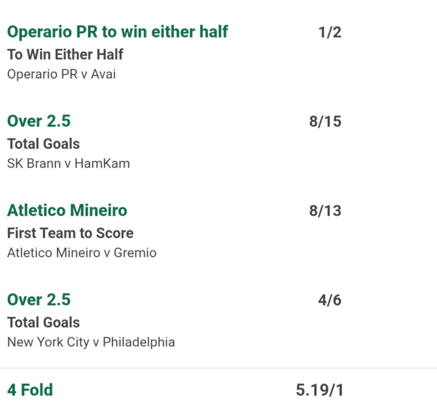 4foldfocus's tweet photo. ⚽ SUNDAY 4-FOLD — 5.19/1 🔥

🇧🇷 Operario PR — Win Either Half
🇳🇴 Brann v HamKam — Over 2.5 Goals
🇧🇷 Atletico Mineiro — First Team to Score
🇺🇸 NYCFC v Philadelphia — Over 2.5 Goals

#FootballTips #BettingTips #ACCA #FootballBetting #SundayBets https://t.co/nRlR7ejCrR