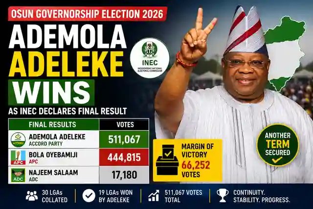 frenovara's tweet photo. BREAKING: INEC declares Ademola Adeleke (Accord Party) the winner of the #OsunGovernorshipElection 2026. He secures another term with 511,067 total votes! ✌️🇳🇬 (1/2) #OsunDecides #BreakingNews https://t.co/vY2dswb1on https://t.co/ebDAMbjFkm