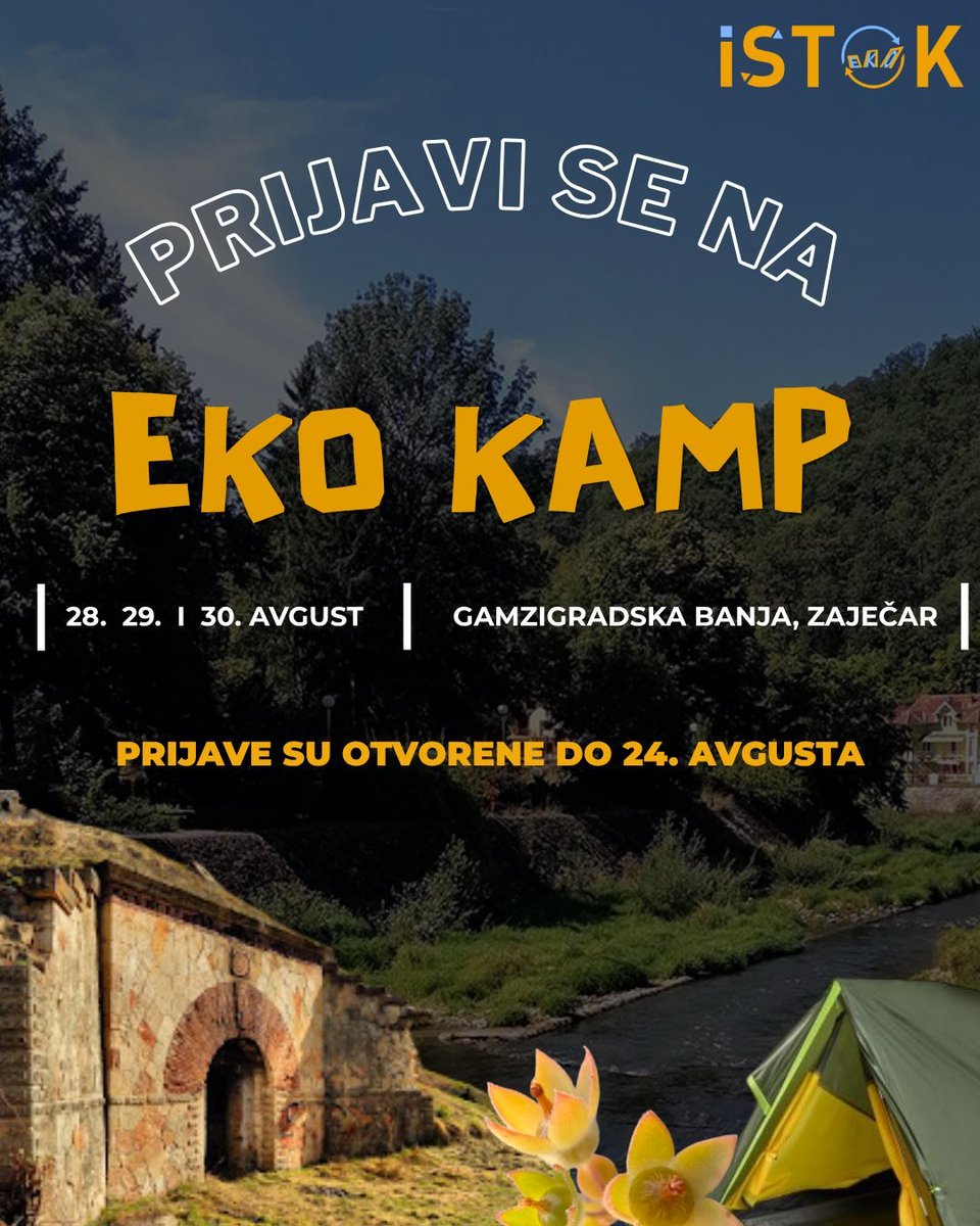 EkoIstok's tweet photo. ЕКО КАМП ГАМЗИГРАДСКА БАЊА
Када: 28. - 30. август 
Локација: Гамзиградска бања (обала Црног Тимока), близу Зајечара

❓️Зашто б��ш овде и зашто баш сад?

Последњег викенда у августу окупљамо се на обалама Црног Тимока на Еко кампу који организује удружење Еко Исток.

1/ https://t.co/uagC7ehi7m