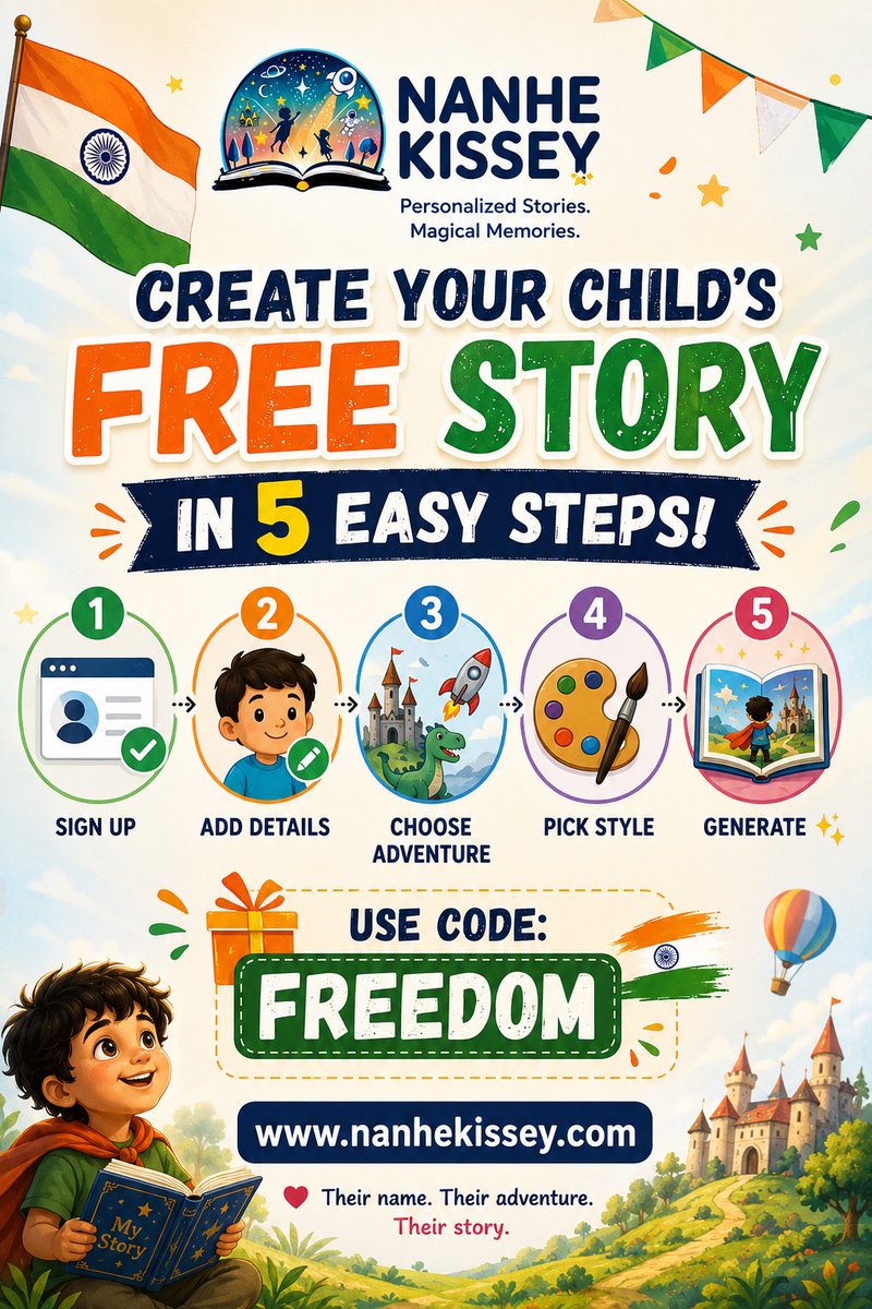 udaan_tech's tweet photo. 📖 Want to create your child’s FREE story?
It takes just a few easy steps!

1️⃣ Visit
🌐 https://t.co/fUSPiM8Qux

2️⃣ Create your free account

3️⃣ Add your child’s details

4️⃣ Choose their adventure

5️⃣ Pick an art style

6️⃣ Click “Generate” 

👉 https://t.co/fUSPiM8Qux https://t.co/ERlSY3xq39