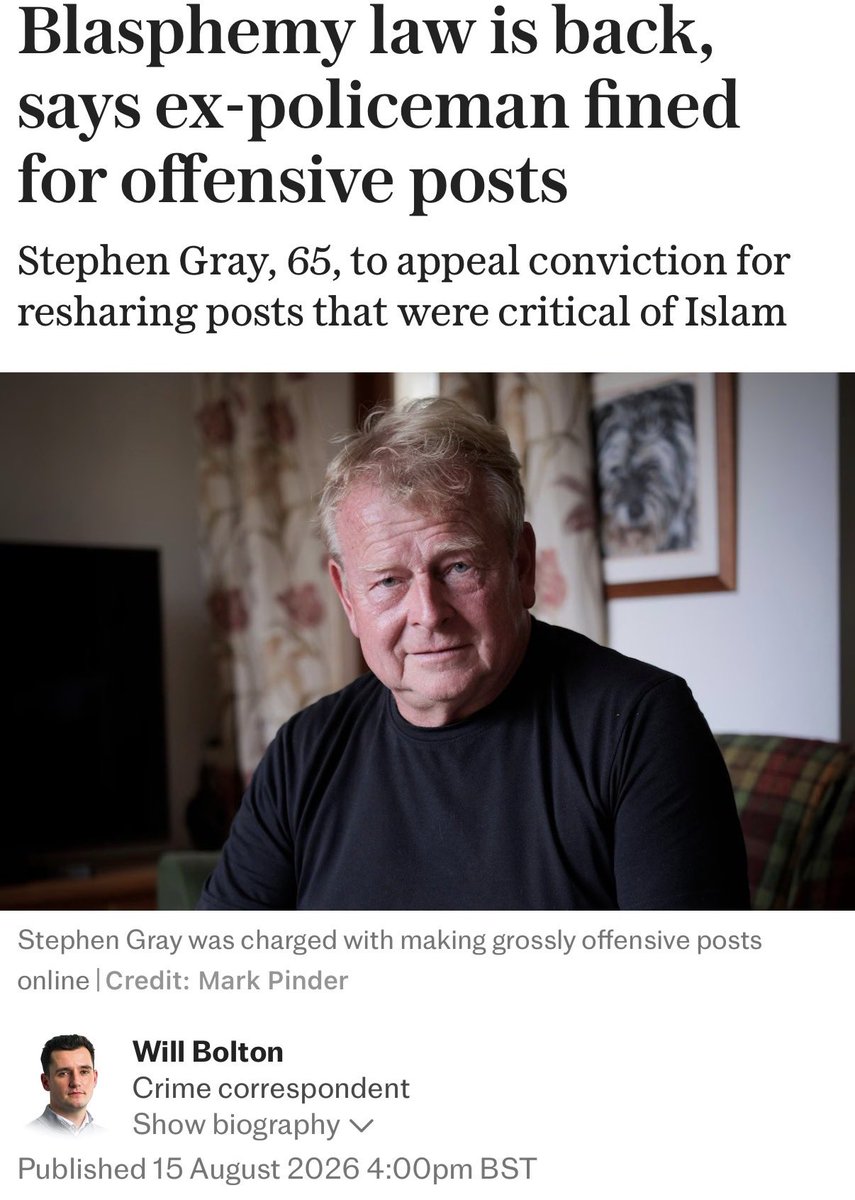 SpeechUnion's tweet photo. Former police officer and foster parent Stephen Gray, who was convicted of a criminal offence for sharing “grossly offensive” content under the Communications Act 2003 after reposting a Facebook joke about Islam, has warned that blasphemy law is back in Britain.

Stephen, 65, is now appealing his conviction from April this year with the help of the Free Speech Union.

A district judge deemed Stephen’s resharing on Facebook of an image of a rasher of bacon and a man in a turban, alongside the caption “Fun facts about Bacon!” People who eat bacon have a lower chance of marrying a 9-year-old!” — a reference to the Prophet Muhammad marrying a 9-year-old — to be “grossly offensive”.

Gray said: “I made a joke, an ironic joke, about Islam. That is all it was at the end of the day. A joke. I certainly never, not for one second, thought it would be deemed abusive.”

Stephen and his wife were gravely concerned about the outcome because they have fostered six children over the past seven years. However, when he informed social services of his conviction, they rightly said that it was ‘utter rubbish’.

We are seeing an alarming re-emergence of blasphemy law in the UK — for Islam alone via the back door. This has been accelerated by the Government’s official definition of Islamophobia, repackaged as ‘anti-Muslim hostility’.

At the start of the year, the FSU secured a landmark victory for Hamit Coskun, who was initially convicted of an aggravated public order offence for burning a Quran outside the Turkish consulate in London. The FSU helped him successfully appeal the conviction, and when the Crown Prosecution Service tried to appeal his acquittal, we won again.

Stephen said he believes prosecutions such as his are an attempt to revive blasphemy laws in the UK. He said: “I just think it’s a dangerous road that the Government is going down trying to use the justice system to get us to stop criticising a religion that promotes a lot of things people might not agree with”.

General Secretary of the Free Speech Union, Lord Young of Acton, has said: “Prosecuting people for making jokes about Islam, particularly if they contain a kernel of truth, is a new low.

“No one making a similar joke about Jesus would face prosecution. Blasphemy laws were abolished in England 18 years ago and should not be resurrected by the courts and applied to just one religion.

“If Labour wants to make it a criminal offence to offend Muslims, but not Christians, Hindus, Sikhs or Buddhists, Andy Burnham should include that in the next King’s Speech. Good luck getting it through parliament.”

The Free Speech Union is helping Stephen appeal his conviction and has instructed leading criminal silk John Beggs KC to act for him.

With your support, we hope to be able to pay for Stephen’s legal defence in the Crown Court and meet the costs of any further appeals.

Please donate to Stephen’s crowdfunder via the link below and read more in The Telegraph 👇
