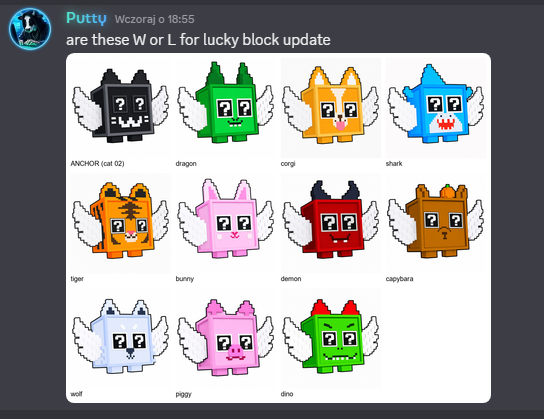 KacperK28724974's tweet photo. The next update will likely be LUCKY BLOCK Event.

Pet Simulator 99
#ROBLOX https://t.co/tfrCFN5jYa