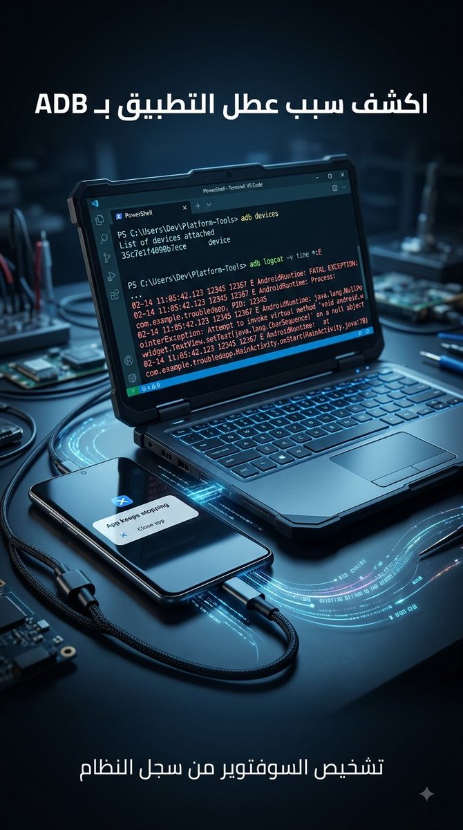 mohamedefix's tweet photo. 🧵 هل تطبيق في هاتفك ينهار باستمرار؟
بدل ما تحذف التطبيقات أو تفرمت الهاتف، اليوم سنستخدم أداة يستخدمها فنيّو السوفتوير لمعرفة سبب العطل من سجل النظام.
سنستخدم: 💻 كمبيوتر + ADB 📱 هاتف Android 🔌 كابل USB
تابع السلسلة 👇 https://t.co/0R1lcvAIOR