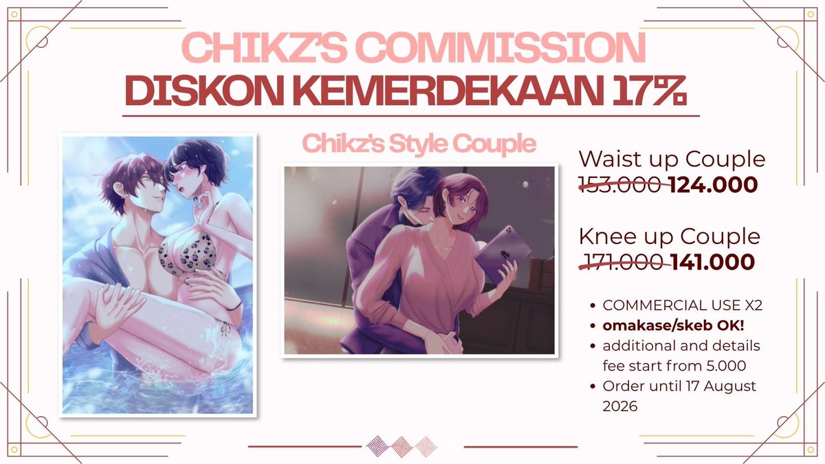 chiccikz's tweet photo. ✨ chikz commissions special diskon kemerdekaan ✨

RTs and likes appreciated 🙇🏻‍♀️

chikz style couple — 2 slot
manga page — 1 slot 
bustup waco — 2 slot 

pengerjaan mulai hari selesai dan bisa selesai less than a week🫶🏻

kalo ada yang mau ditanyain atau berminat boleh pm  ✨ https://t.co/GGvu3RqhZw