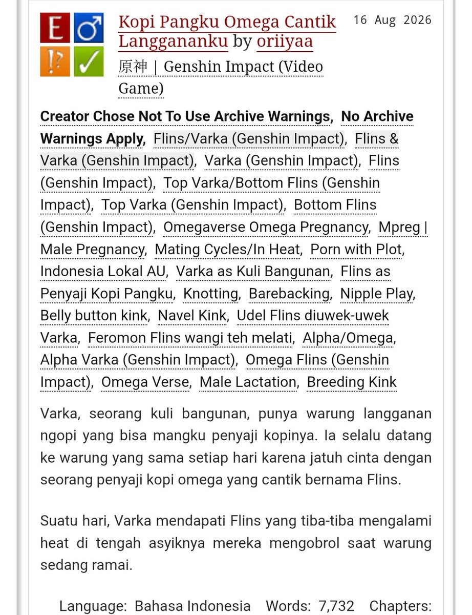 yayaoppaya's tweet photo. — Writting Commission for @orenjimaru_2 🙏🏻

#varflins

cw// omegaverse, lokal au

"Kopi Pangku Omega Cantik Langgananku"

Varka, seorang kuli bangunan, punya warung langganan ngopi yang bisa mangku penyaji kopinya. Namun, suatu hari....

link ao3⬇️ https://t.co/2tDIS8SsOP