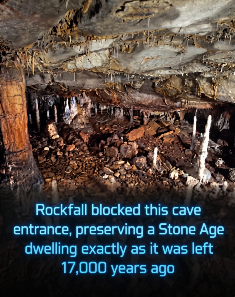 Rainmaker1973's tweet photo. A massive rockfall sealed a Stone Age dwelling 17,000 years ago. It is a pristine time capsule of prehistoric daily life.

In the Cantabria region of northern Spain, archaeologists have stepped into a literal prehistoric time capsule. Deep inside the La Garma cave network, a rockfall approximately 17,000 years ago sealed off a 54-square-foot living space, protecting it from the passage of millennia.

This accidental preservation has presented researchers with one of the most pristine Paleolithic dwellings ever discovered. The oval-shaped home, dated to roughly 16,800 years ago, features a central hearth surrounded by the remains of a shelter once constructed from sticks and animal hides, anchored to the cave floor by stalagmites and stone blocks.

The site is remarkably undisturbed, offering an incredibly rare, authentic glimpse into the daily routines of late Ice Age hunter-gatherers. Excavators have already cataloged 4,614 artifacts lying exactly where their prehistoric owners left them. The diverse assemblage includes everyday flint tools, bone needles, animal bones from butchering, artistic ornaments, and even a rare proto-harpoon.

By preserving these items in situ, the ancient rockfall has provided scientists with unparalleled insights into how early humans organized their domestic spaces, managed resources, and navigated survival in an unforgiving world.