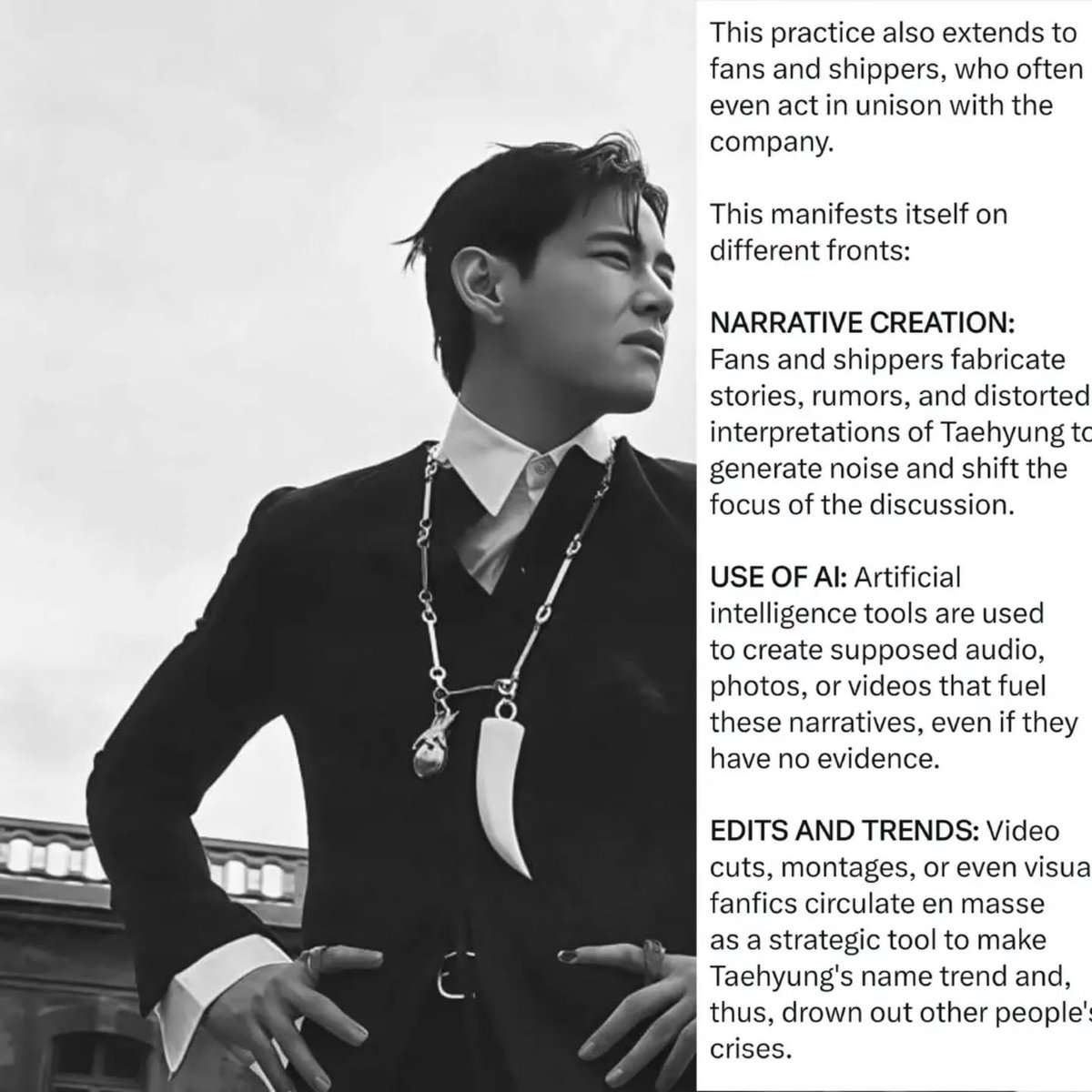 musicmapv's tweet photo. And here is the recurring and systematic pattern in real time: whenever a controversy involving other members arises, the fandom—including solo stans and shippers—tries to shift the focus to Kim Taehyung, even when he has absolutely no involvement in the incident at hand.

The most recent case makes this particularly evident. RM and J-Hope attended a concert by Chris Brown, a singer with a widely documented history of violence against women, physical assaults, allegations of sexual violence, and a domestic violence conviction. The two attended the event, took a photo with him, and Chris Brown himself posted the image on his Instagram.

If there is to be a discussion about the decision to attend this singer's concert, the focus should naturally be on those who made that decision and participated in the event.

#KimTaehyung did not go to the concert. He did not take a photo with Chris Brown. He did not post anything related to the incident. He played no part in the situation.

So why, once again, are they trying to drag his name into the center of the discussion?

Because turning him into a target is an extremely convenient way to divert attention from those who should actually answer for their own conduct. Instead of discussing RM and J-Hope, certain fans immediately look for a way to involve Tae, creating non-existent associations or attempting to establish a false equivalence. The goal is the same: to shift the focus.

Time and again, they use V as a shield whenever their favorites face controversy. The logic seems to be: if the act cannot be defended, attack Tae; if the favorite member's behavior cannot be justified, find something to pin on Tae; if the discussion becomes uncomfortable, change the subject to him.

There is a huge difference between holding someone accountable for their actions and simply seeking out a convenient person—and in the K-pop world, #BTSV is the most influential and popular figure—to absorb outrage that ought to be directed elsewhere.

Tae cannot be held responsible for the choices of other members. He does not need to be involved in a situation to be artificially dragged into it. And, above all, he shouldn't be used as a sort of collective punching bag whenever certain fans need to protect the image of their favorites.

That is exactly how a scapegoat works: they don't need to have caused the problem. It is enough for them to be turned into a convenient target so that others can slip away from the center of the discussion.

And we need to stop accepting this as normal.

If RM and J-Hope went to a concert, discuss RM and J-Hope among yourselves. If there is an issue regarding the decision to support Chris Brown, discuss that decision among yourselves. Stop dragging #Taehyung into situations he wasn't part of just because it makes it easier to defend your favorites.

Tae is not responsible for the other members' choices. He is not responsible for erasing controversies caused by others. And he definitely shouldn't be turned into a shield to protect anyone's reputation.

Defending favorites at all costs while seeking any pretext to attack Tae and make him the convenient scapegoat allows others to continue playing the role of victims, innocents, or the untouchable.

No.

Each person must answer for their own choices.

Don't use Tae as a scapegoat. Don't project others' responsibilities onto him. Don't turn Tae into a distraction to shut down discussions.

If you want to discuss someone's behavior, discuss the behavior of the person who was actually involved.

Leave #V out of it.