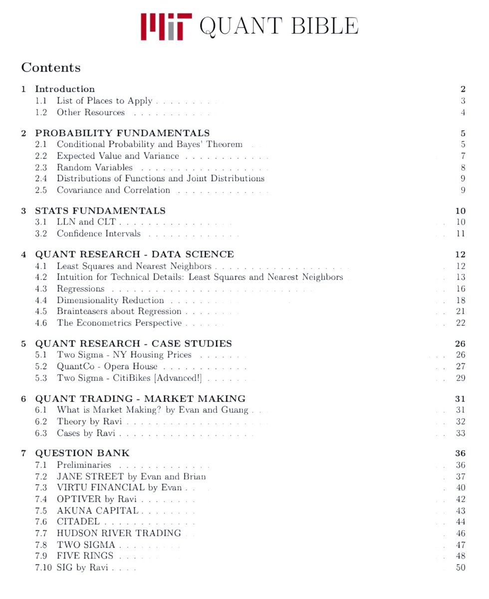 0xTrackmind's tweet photo. this quant paper is f*cking insane

it's a 51-page guide put together by an MIT Sloan Business Club member, covering probability, statistics, market making, and real interview questions from Jane Street, Citadel, Two Sigma and more, all free.

the crazy part is a professor didn't build this, it started as one student's own interview prep notes before turning into a full write-up to help others break into quant finance.

bookmark it before it disappears.