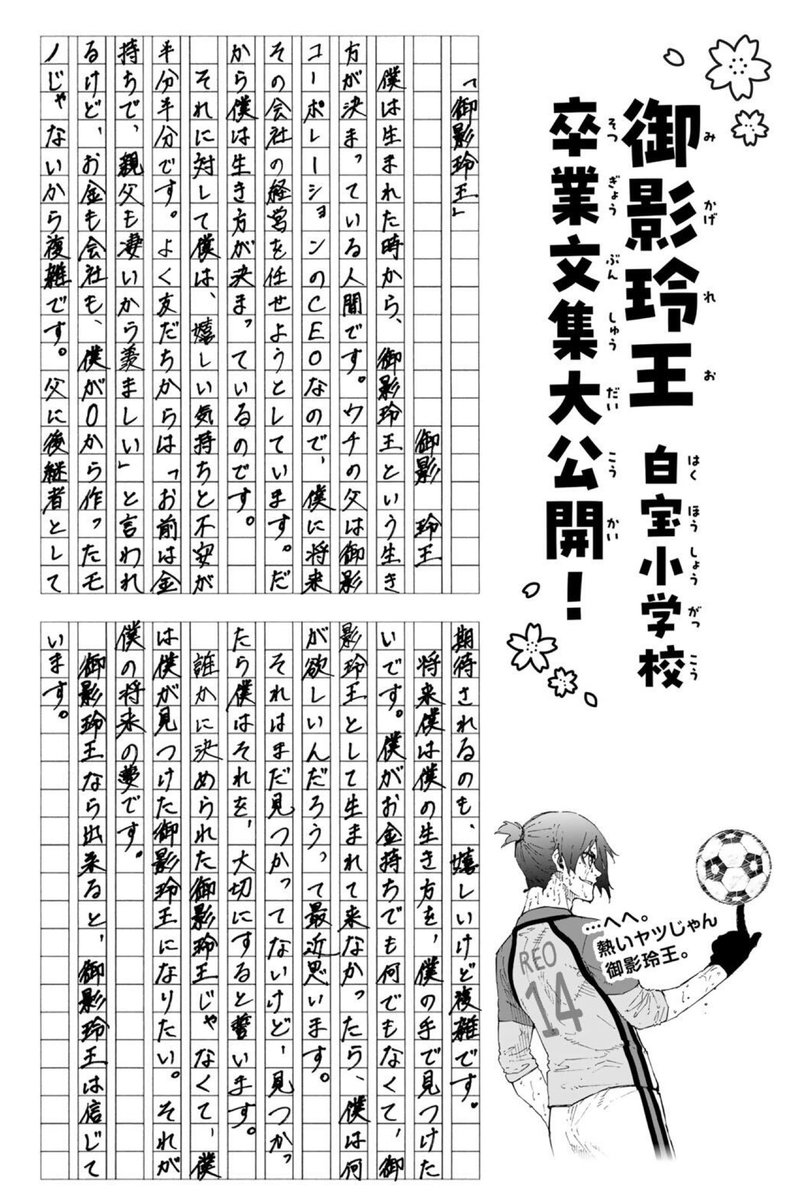 isthepame's tweet photo. Sotsugyou Bunshuu de Reo (Escuela Primaria Hakuho)

Desde que nací, mi forma de vivir como Reo Mikage ya estaba decidida.

Mi padre es el CEO de Mikage Corporation, así que quiere dejarme a cargo de la administración de la empresa en el futuro. Por eso, mi camino en la vida ya está decidido.

Y respecto a eso, siento mitad alegría y mitad inseguridad.

A menudo mis amigos me dicen: “Te envidio porque eres rico y tu papá también es increíble”, pero el dinero y la empresa no son cosas que yo haya creado desde cero, así que tengo sentimientos encontrados.

También me alegra que mi padre espere que sea su sucesor, pero al mismo tiempo es algo complicado para mí.

En el futuro, quiero encontrar mi propia forma de vivir con mis propias manos.

Últimamente me pregunto: si yo no fuera rico ni nada por el estilo, y no hubiera nacido como Reo Mikage, ¿qué sería lo que yo querría?

Todavía no lo he encontrado, pero cuando lo haga, juro que lo cuidaré y lo consideraré algo importante para mí.

No quiero ser el Reo Mikage que alguien más decidió que debo ser.

Quiero convertirme en el Reo Mikage que yo mismo descubrí.

Ese es mi sueño para el futuro.
Reo Mikage cree que Reo Mikage puede hacerlo.

…Jeje.

Reo: Vaya, qué intenso eres, Reo Mikage.