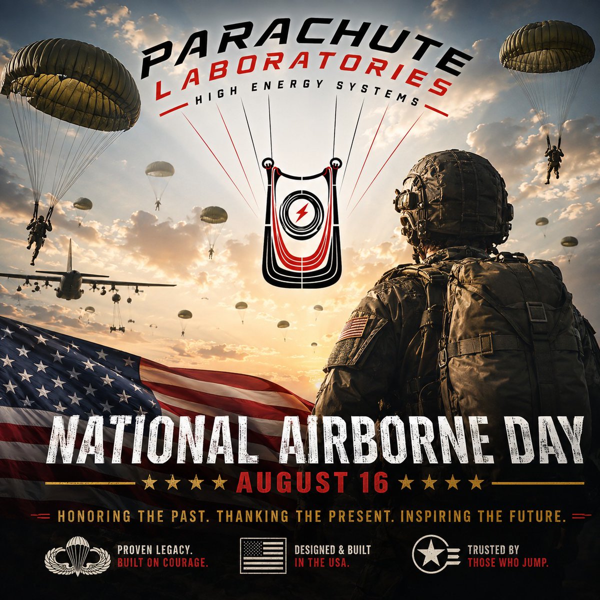Plabsinc's tweet photo. 🪂 NATIONAL AIRBORNE DAY — AUGUST 16 🪂

Today, Parachute Laboratories joins the airborne community in recognizing National Airborne Day and honoring the generations of American paratroopers who have stepped to the door, trusted their equipment, and answered the call.

On August 16, 1940, the U.S. Army conducted its first official parachute jump, helping validate the concept of inserting American ground forces by parachute. Eighty-six years later, that airborne legacy continues through the men and women who train, serve, and stand ready around the world.

From the earliest round parachutes and static-line operations to today's advanced personnel parachute systems, the equipment has evolved dramatically.

The commitment has not.

At Parachute Laboratories, parachutes are more than our business. We recognize the history, craftsmanship, innovation, rigging expertise, and trust that connect every generation of the airborne community.

Today we honor those who came before us, those serving today, the riggers who keep them mission-ready, and every paratrooper who has ever heard the command:

“STAND UP, HOOK UP!”

To the Airborne community — past and present:

Happy National Airborne Day.

AIRBORNE! 🪂

— Parachute Laboratories Inc

#NationalAirborneDay #Airborne #Paratrooper #ParachuteRigger #ArmyAirborne #AirborneAllTheWay #ParachuteLaboratories #PLabsinc #MilitaryParachutes #Parachutes #VeteranOwned #MadeInUSA
