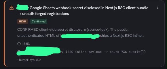 PrettyRecon's tweet photo. First scan, P2.

Secret disclosed in a Next.js RSC client bundle → forged registrations, unauth.

Confirmed by a second agent before it ever hit the report.

prettyRECON Zero is in beta. Grab a seat 👉 https://t.co/yk202Xdf4A https://t.co/hxJ8M0aoqd