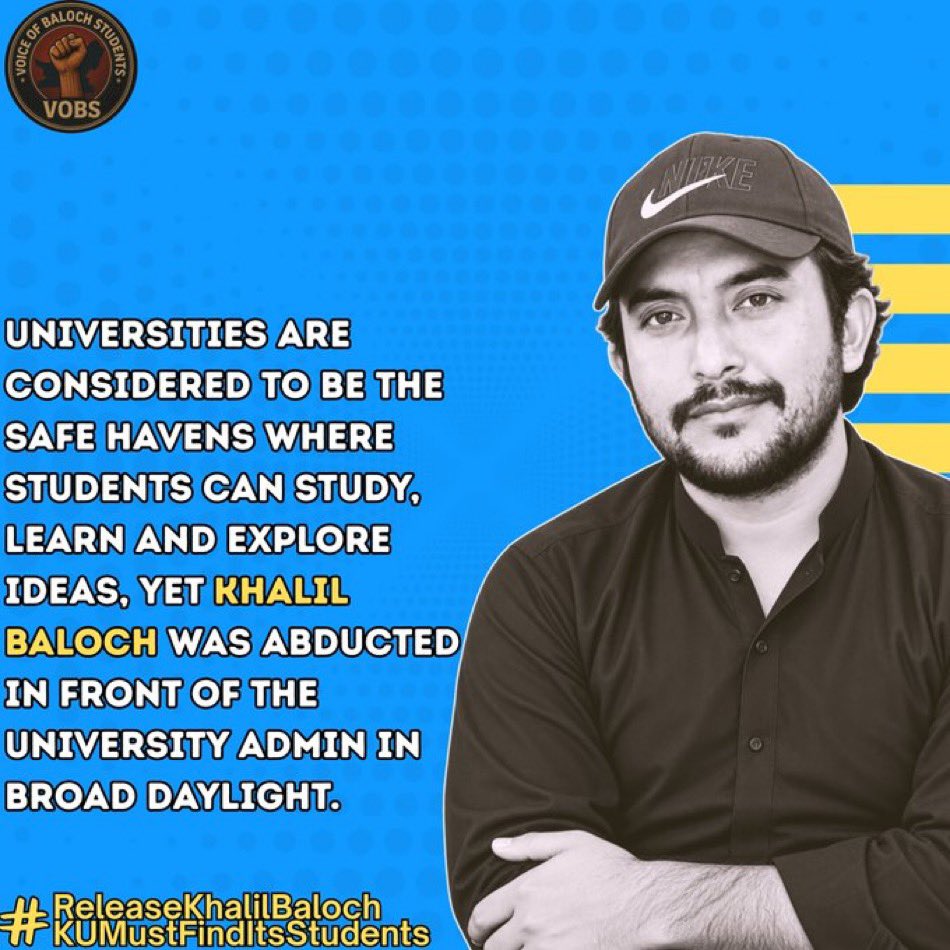 rahman_murad8's tweet photo. When a student is forcibly disappeared inside the premises of the university in broad daylight, institutional silence for its student is unacceptable. The university administration must give answers for Khalil.
#ReleaseKhalilBaloch
#SaveBalochStudents
#KUMustFindItsStudents https://t.co/mr9MluY9Vn