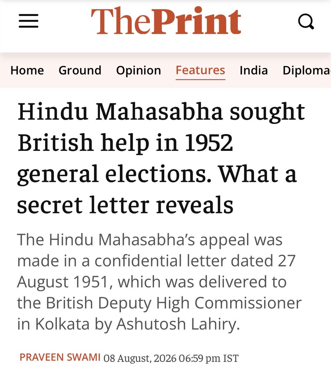 TheSincereDude's tweet photo. BJP giving patriotism certificates after Independence Day?

Their ideological ancestors in the Hindu Mahasabha were still begging the British for help in free India’s first elections.

Declassified UK archives show Ashutosh Lahiry, chairman of Hindu Mahasabha’s parliamentary board, delivered a confidential letter on 27 August 1951 to the British Deputy High Commissioner in Kolkata. He pleaded for “the full weight of your influence” and “whole hearted support” to stop a pro-communist ministry in 1952.

Four years after Independence. Still looking to London.

The same ecosystem that stayed away from Quit India and practised “responsive cooperation” with the British now lectures Congress on the national song.

They are the last people who should speak of patriotism. 🇮🇳