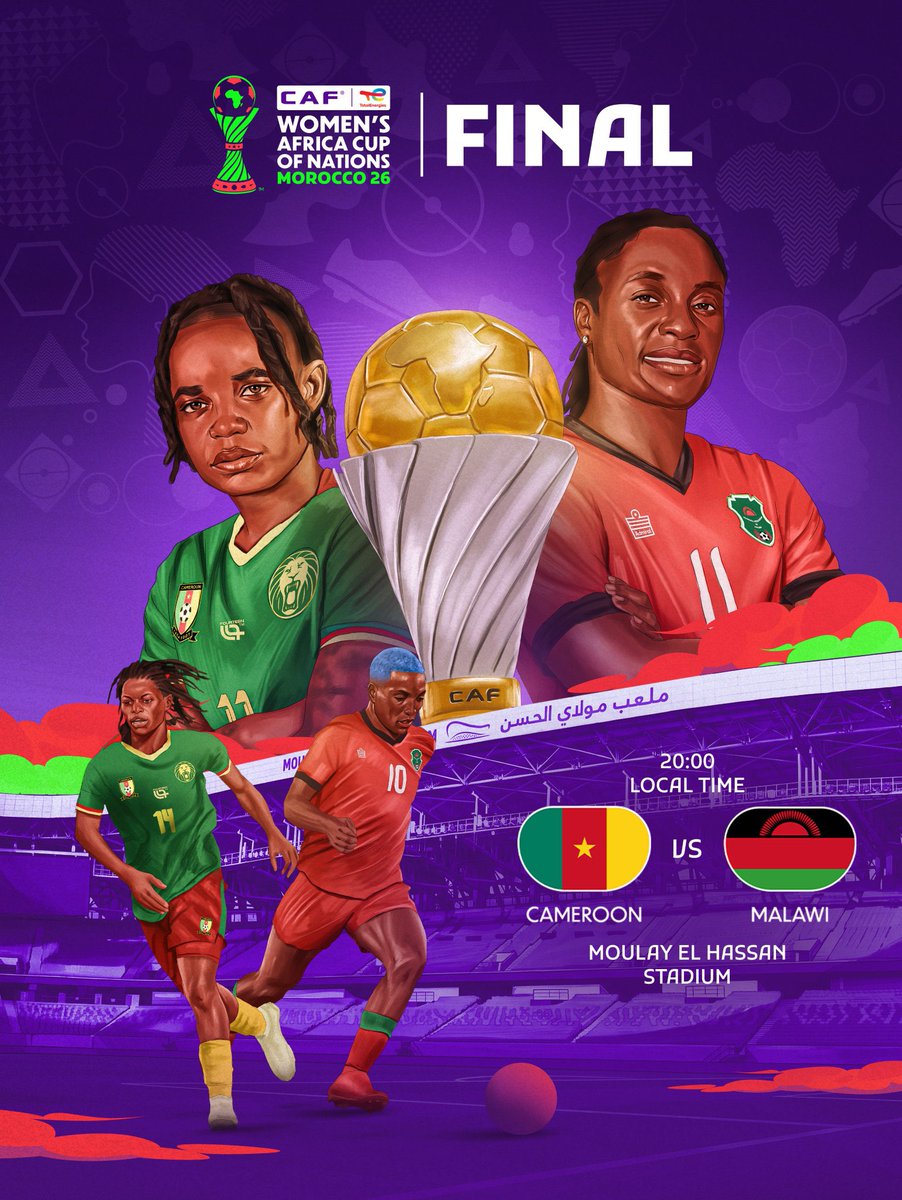 t_media445's tweet photo. 🔥 FINAL MATCHDAY | WAFCON 2026 🏆

The final battle for the Women’s Africa Cup of Nations crown is here!

📅 Sunday, 16 August 2026
⏰ 20:00 (Local Time)
📍 Moulay El Hassan Stadium

One trophy. History awaits. 🏆🔥

Who will be crowned African champions? 👑

#WAFCON2026 https://t.co/7rpG5ZDsIf