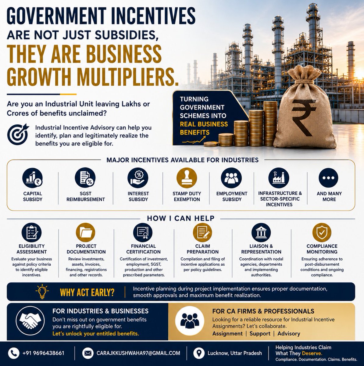 Rajkuma20560509's tweet photo. Government Incentives Are Not Just “Subsidies" — They Are a Financial Planning Opportunity for Industries #CharteredAccountant #IndustrialIncentives #GovernmentSchemes #IndustrialSubsidy #IIEPP2022 #GST #SGSTReimbursement #CapitalSubsidy #Manufacturing #MSME #BusinessAdvisory https://t.co/PGN9Mo0E1E