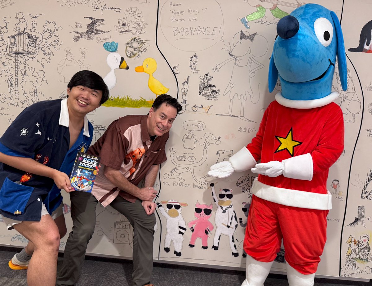 johnbgallagher's tweet photo. Rex Rocket, Cosmic Wiener Dog and I got to visit our friends at @rhcbteacherslibrarians in NYC this week! Drawing on their illustrator wall was a treat! Hot dog! #rhcb #kidlit #graphicnovel https://t.co/uiTOhhEwg6